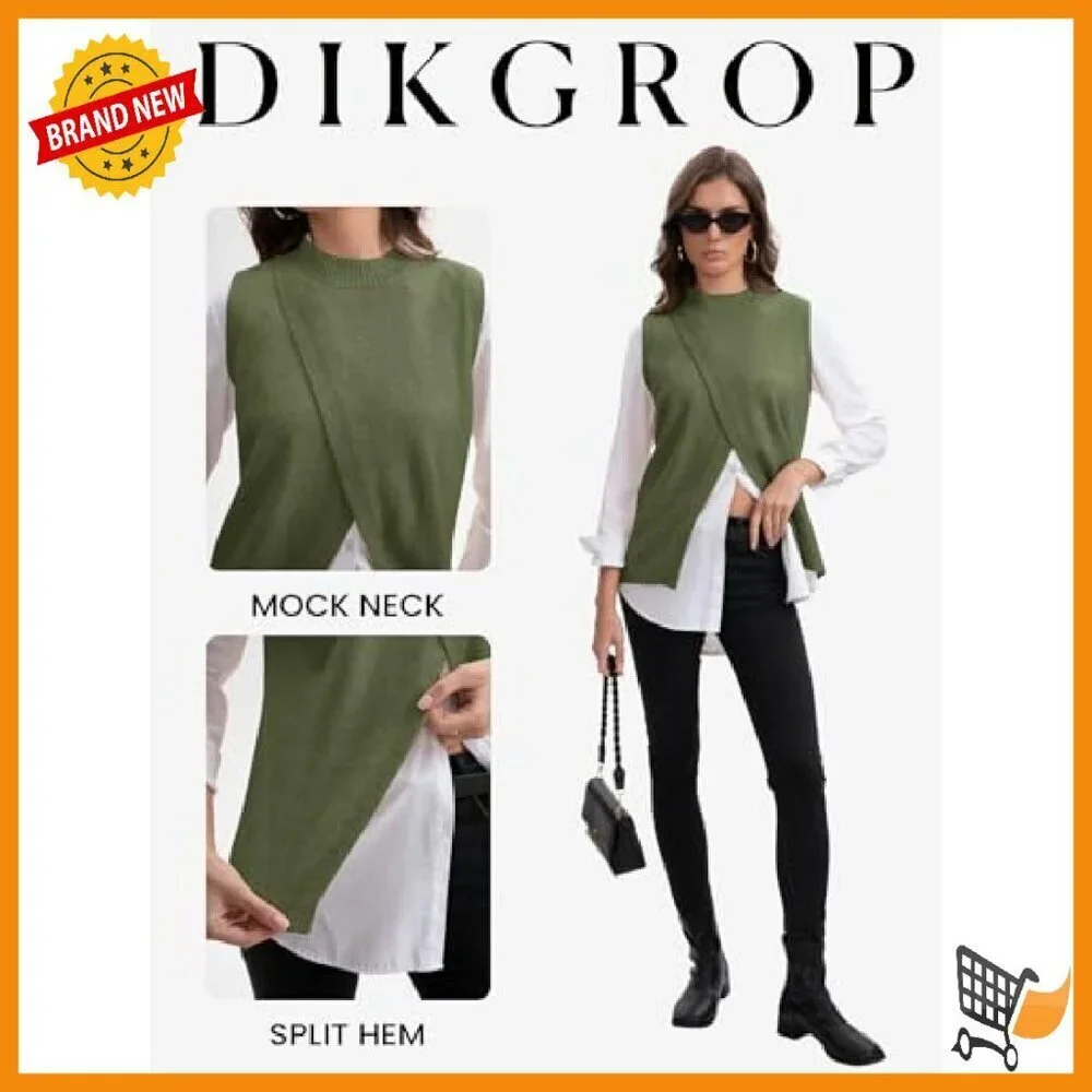 Mock Neck Sweater Vest Sleeveless Split Hem Pullover Knit Top
